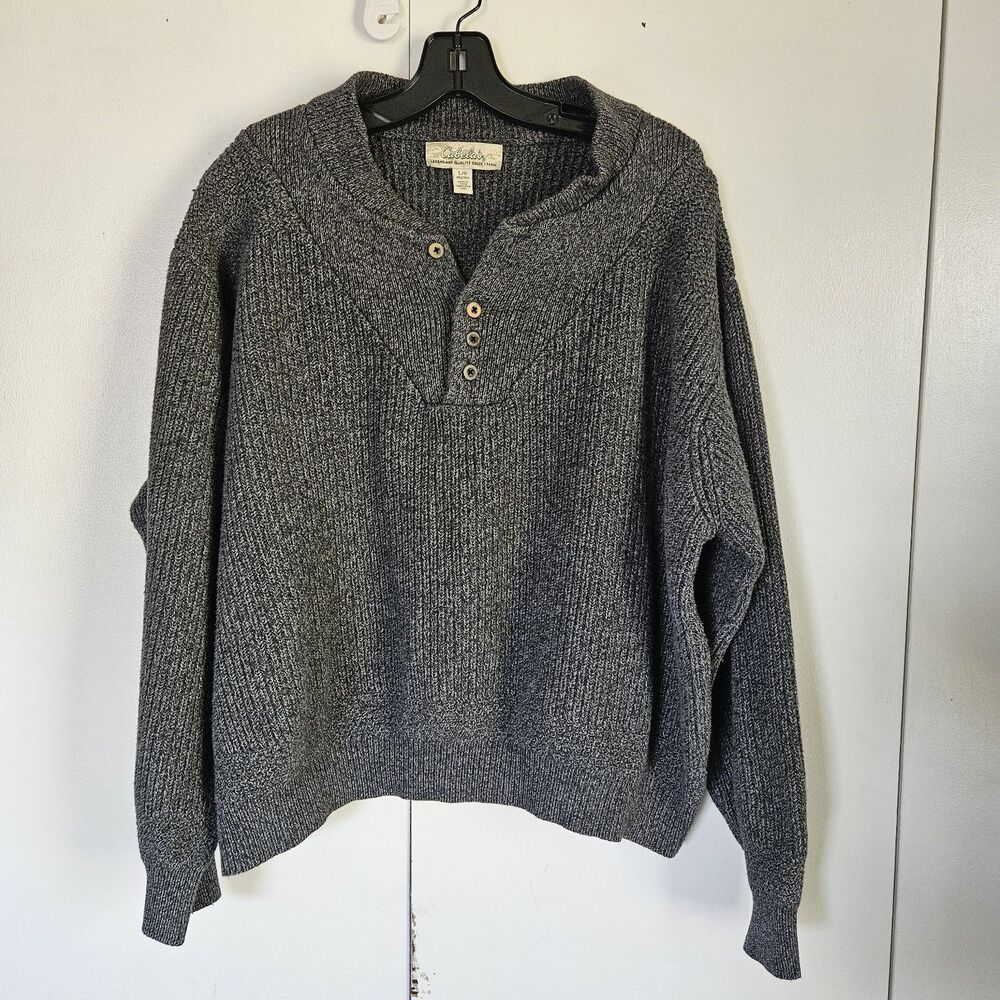 Cabela’s Men’s L Heavy Chunky Knit Henley Sweater 100% Cotton Gray READ